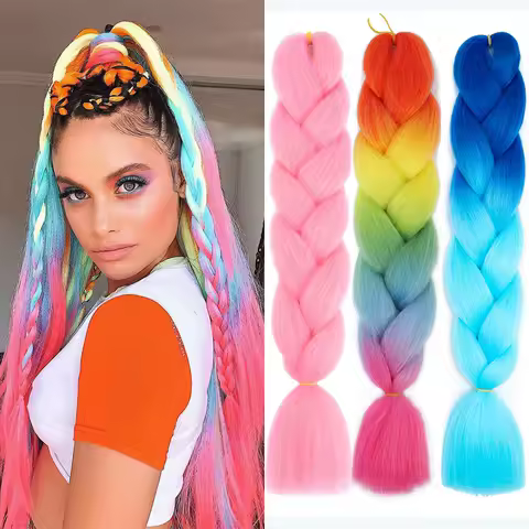 AZQUEEN 24" Colored Jumbo Braiding Hair Synthetic Hair Extensions For Women DIY Crochet Hair Braids Pink Purple Yellow