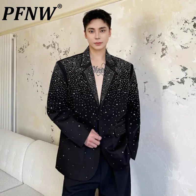 PFNW New Stylish Men\'s Suit Jacket Autumn Trendy Diamond Single Breasted Casual Blazer Personality 2024 Male Clothing 9C7240