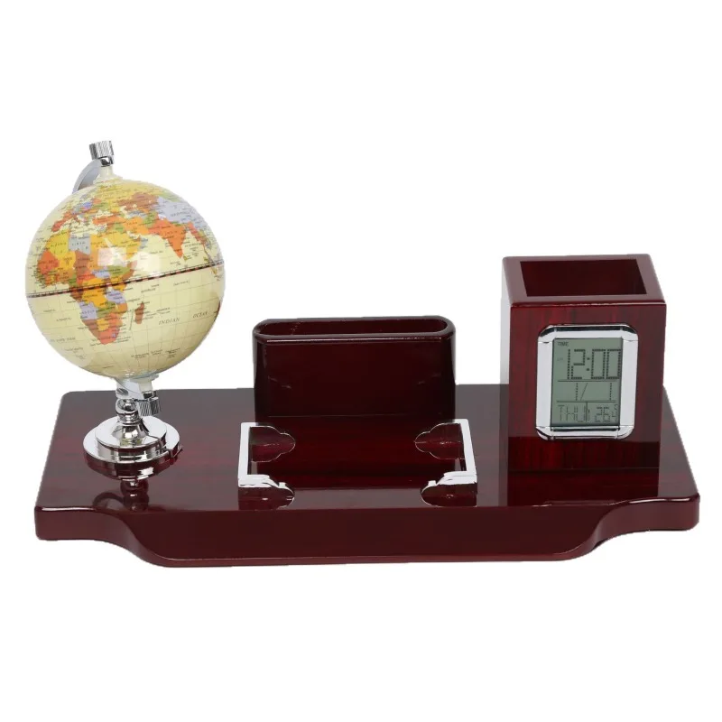 

High-end solid wood European style, with globe pen holder, electronic watch desktop table, office desktop supplies