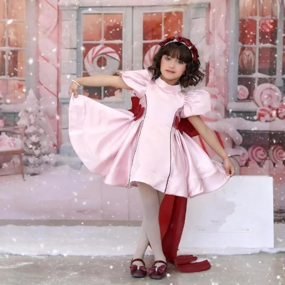 Pink Flower Girl Dresses for Wedding With Red Bows Lovely Baby Girl Birthday Dress First Communion Gowns Customized