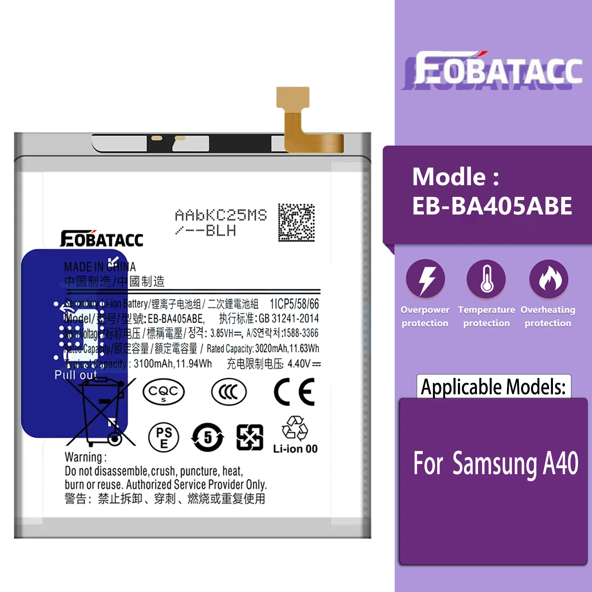 

Replacement Battery EB-BA405ABE For Samsung GALAXY A40 A405F EB-BA405ABU Replacement Phone Battery 3100mAh+tools