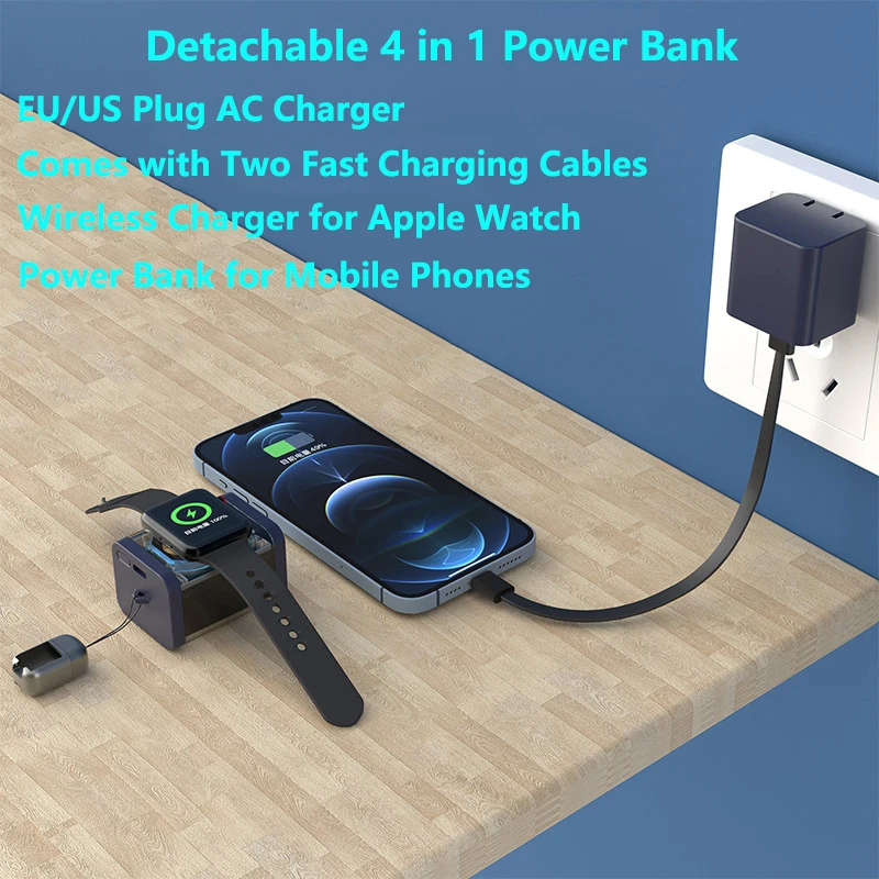 Mini Power Bank 5200mAh with Cable AC Plug for iPhone 15 Xiaomi Samsung PD 20W Powerbank Wireless Charger for iWatch 8 7 6 5 4 3