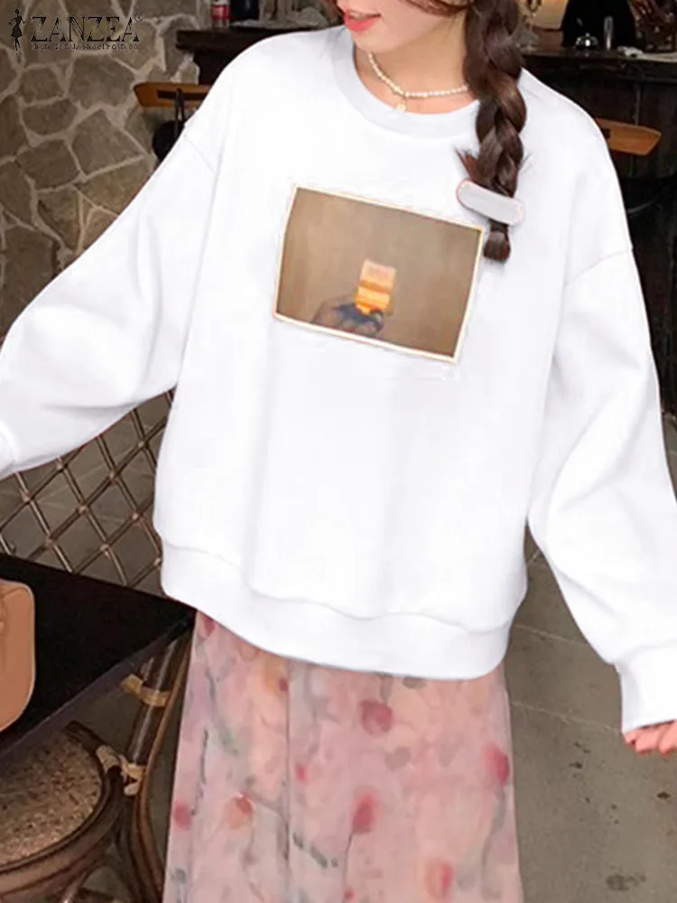 

ZANZEA 2023 Fashion Women Sweatshirts Pullover Long Sleeve Drop Shoulder Autumn Solid Sweater Korean Chest Print Round Neck Tops