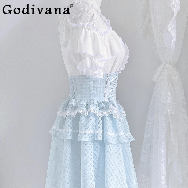 

Women's Sweet Skirt Set Original Design Lace Shirt Waist-Cinching Mini Skirt Outfits Girls Lolita Style Two Piece Suits