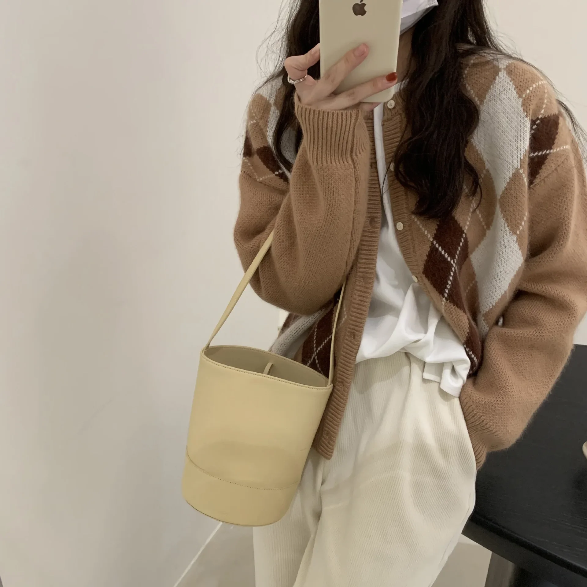 

Loose Thickened Lazy Style Open Cardigan Long Sleeve round Neck Pullover Top Retro Diamond Pattern Women's Knitwear Jacket