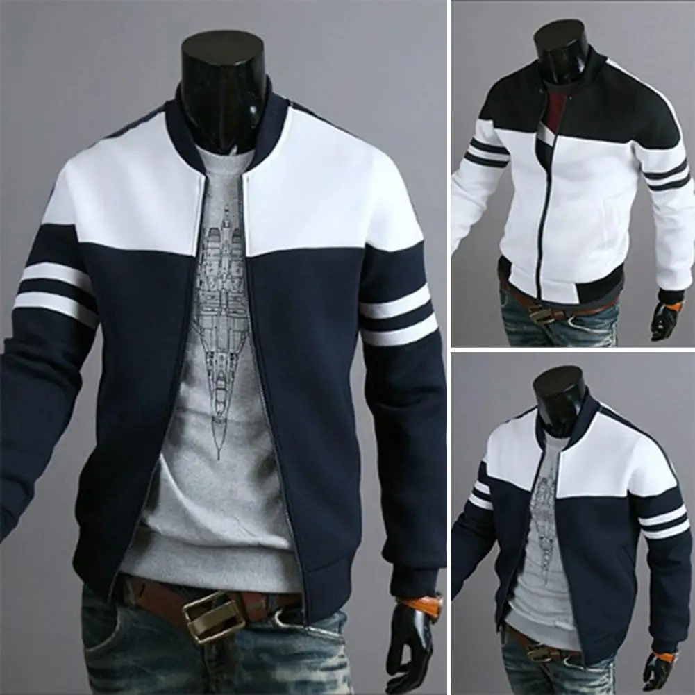 

Men Autumn Coat Color Block Long Sleeves Elastic Cuff Anti-pilling Stand Collar Zipper Cardigan Striped Fall Jacket for Home