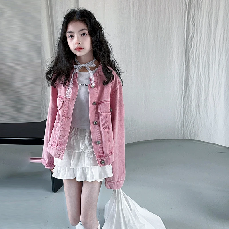 خريف جديد الوردي في سن المراهقة الفتيات الدنيم سترة 4 5 6 7 8 9 10 11 12 13 14 صغار الاطفال معطف غير رسمي الأطفال ملابس خارجية