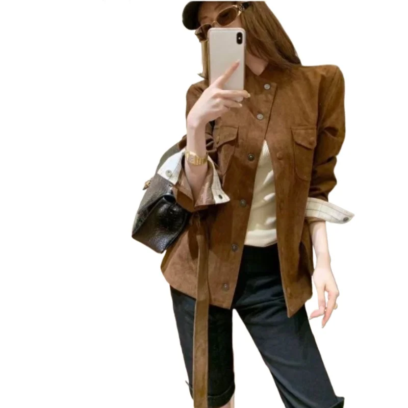 This French Retro and Stylish Brown Suede Waist-cinching Short Coat Stunning Highly Attractive Light Mature Top for Women Autumn