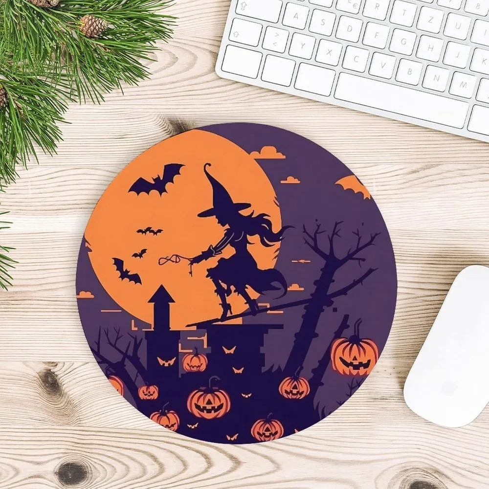 Alfombrilla de ratón redonda de bruja de Halloween de 20 cm con diseño de calabaza voladora y cráneo fantasma