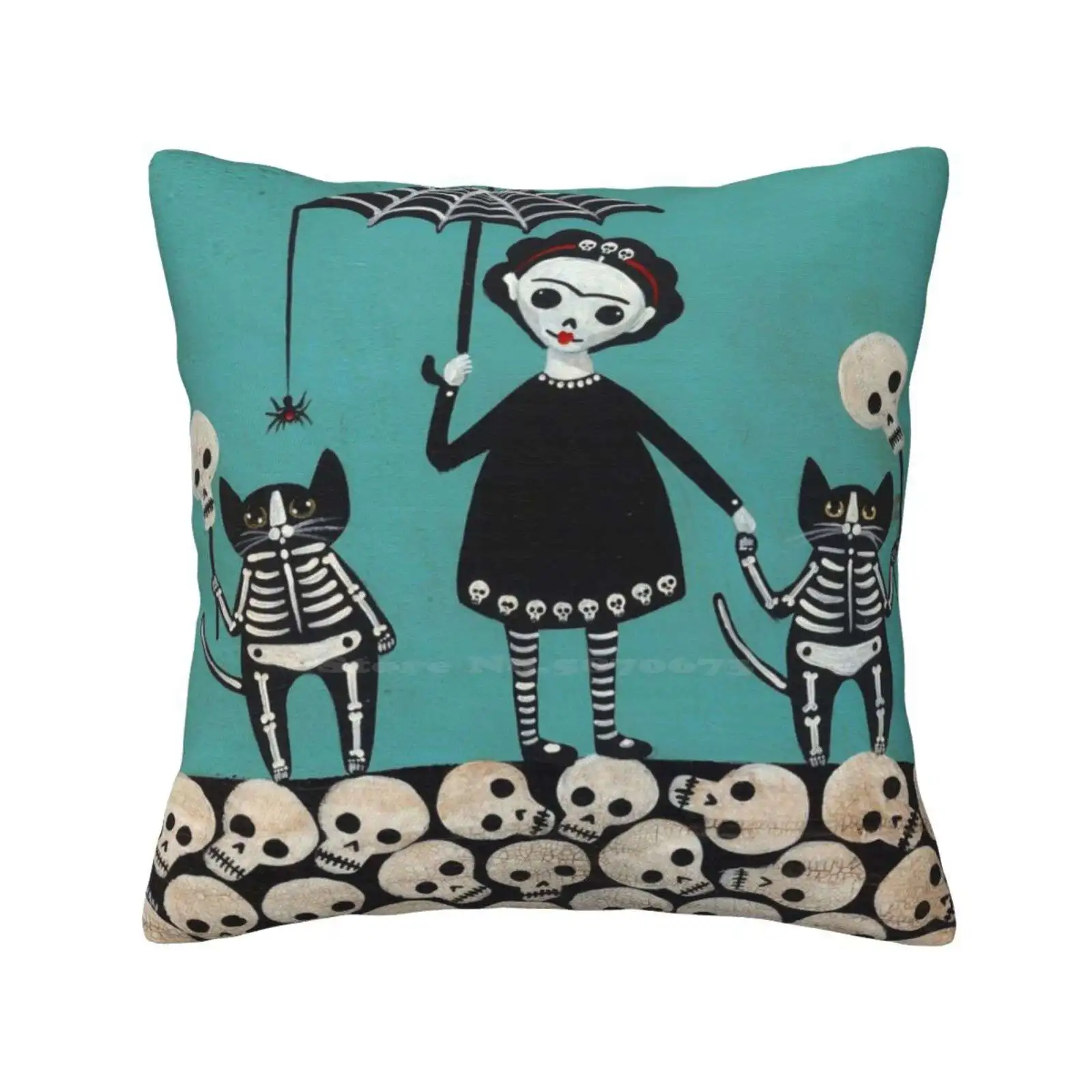 Day Of The Dead Pillows Case Bedroom Home Decoration Folk Art Halloween Day Of The Dead Skeletons Whimsical Skellie Cats