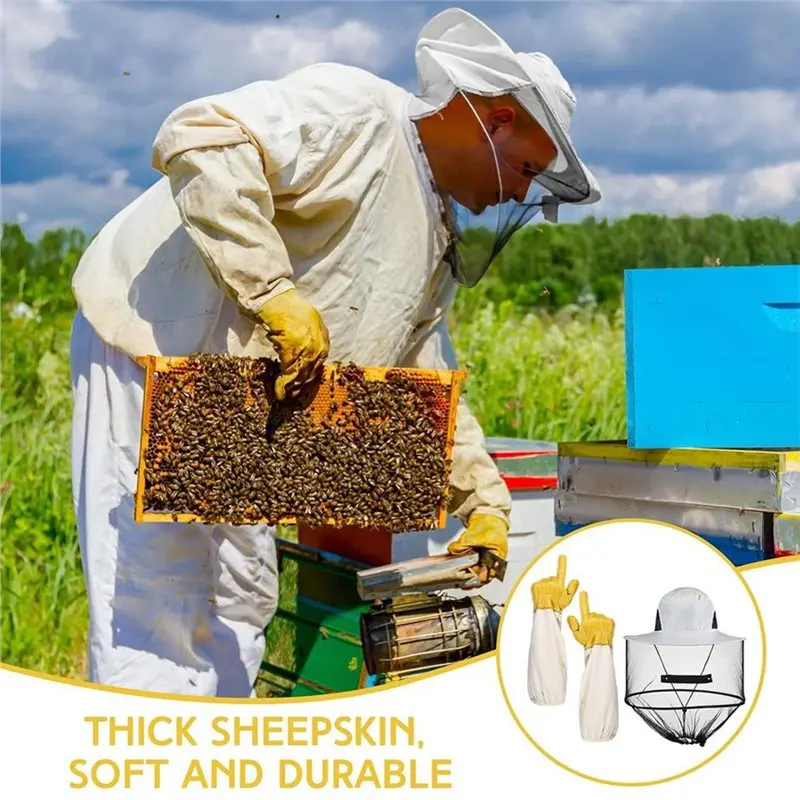 SOFT-Bee Keeping Accessories Includes Thick Goatskin Leather Gloves, Ventilated Sleeves, And Bee Keeper Fence Hat