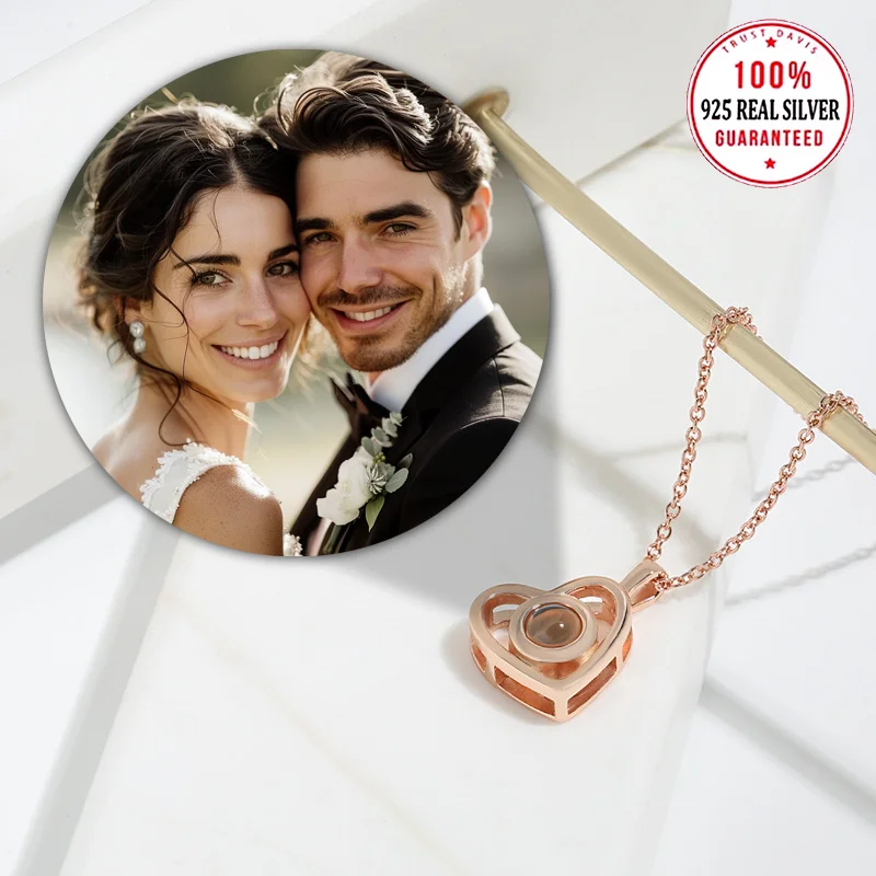 S925 Silvery Custom Color Photo Projection Necklace SImple Heart Pendant For Mom Girlfriend Valentine Mother Day Romantic Gifts