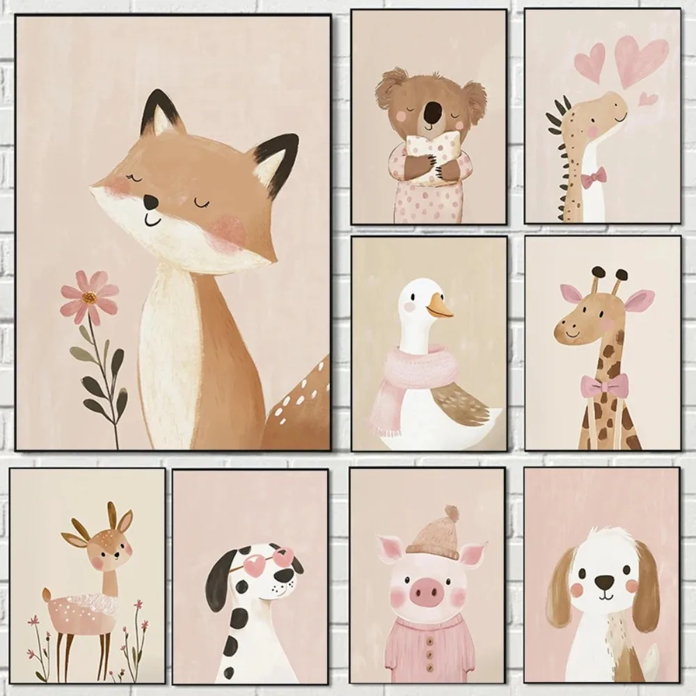 Nordic Pink Cute Cartoon Animal Fox Unicorn Illustration Posters Prints Canvas Painting  Living Room Home Decor
