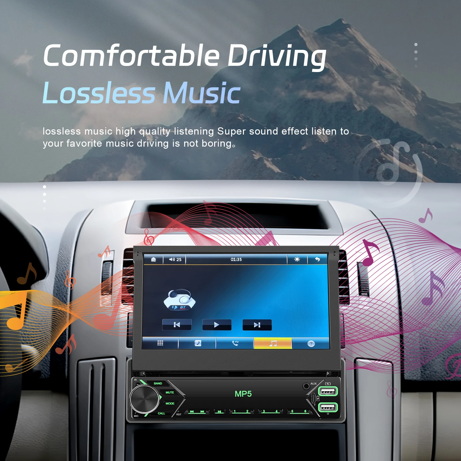 Podofo 7-Zoll-Autoradio mit einziehbarem Bildschirm, Unterstützung für Rückfahrkamera, 1 DIN, Auto-Audio-Player, TF-Karte/U-Disk, Autoradio-Stereoanlage, Bluetooth – Detail 10
