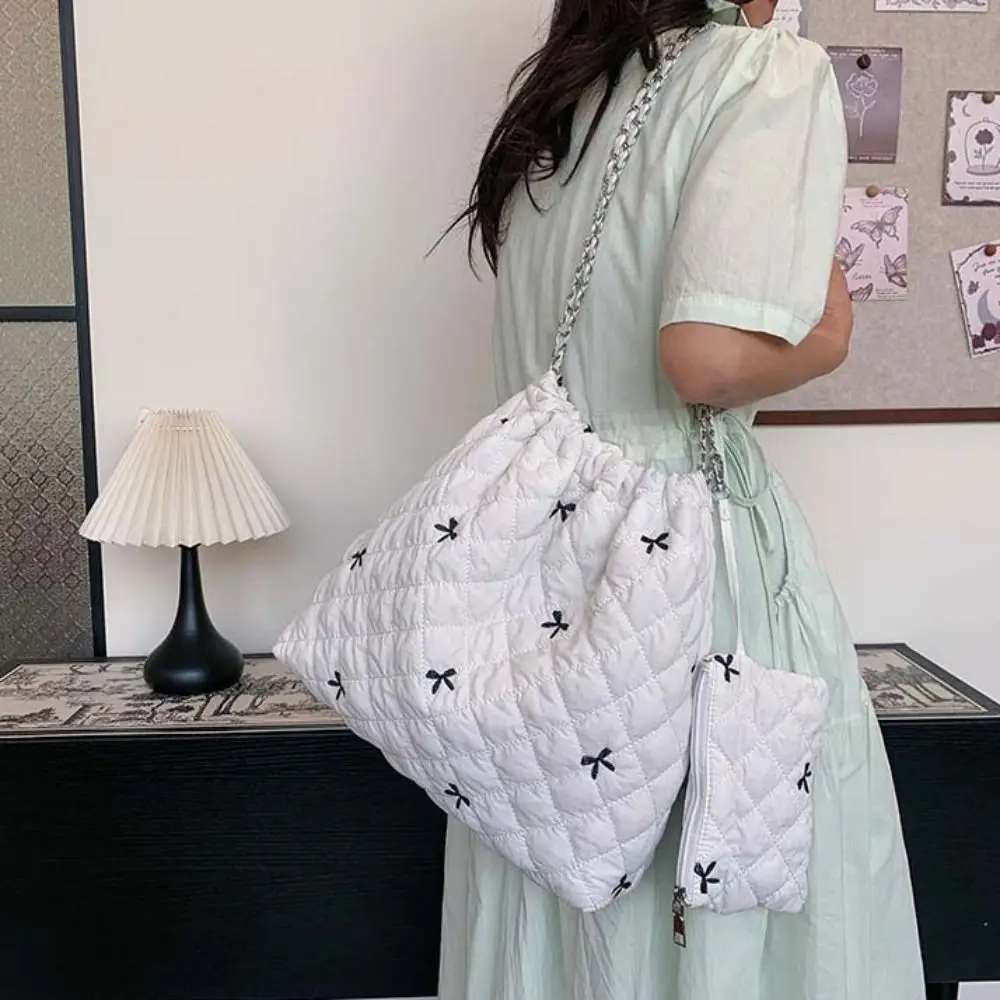 Korean Style Space Cotton Underarm Bag Large Capacity Bow Printing Rhombic Lattice Handbag Plaid Solid Color Bubble Cloud Bag