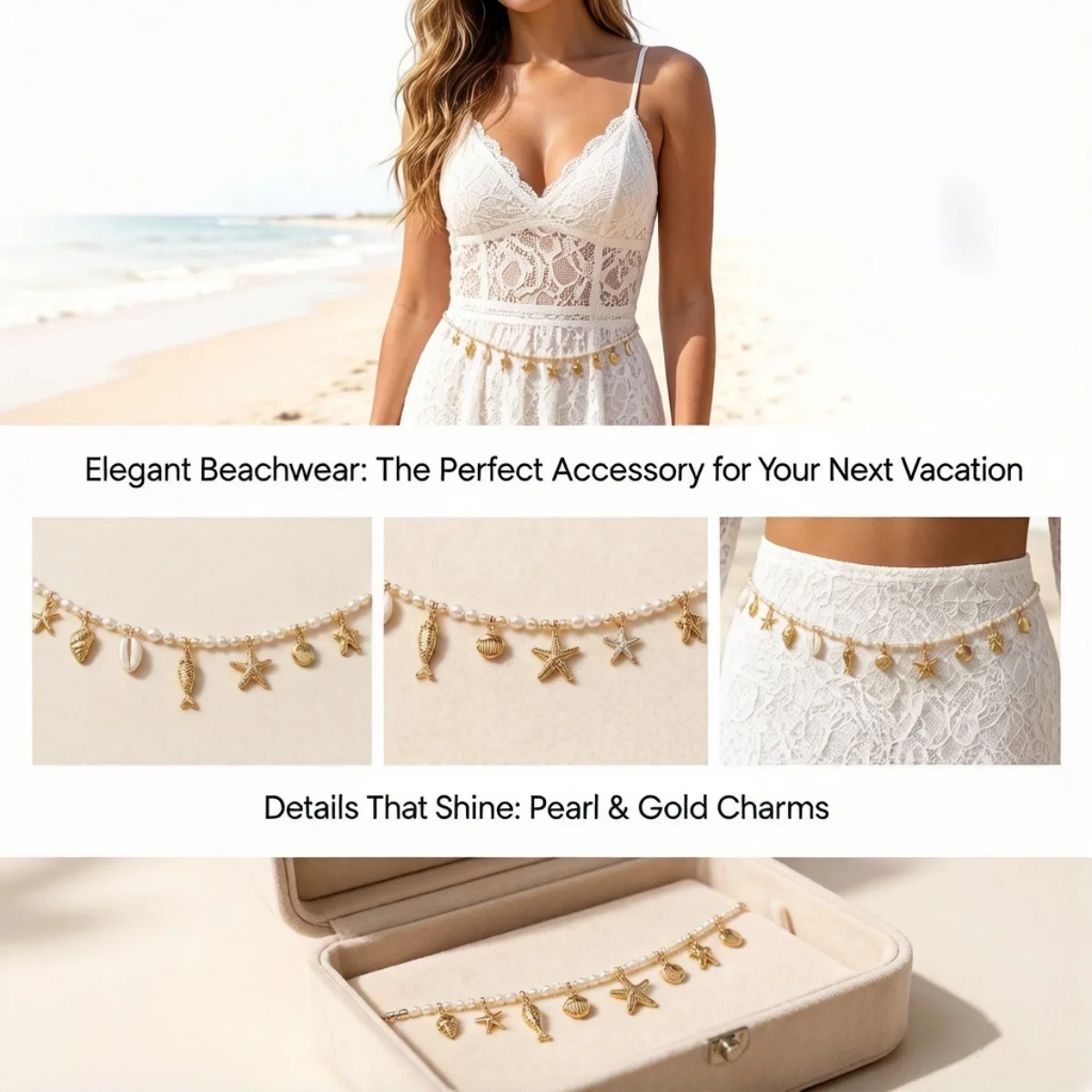 Boho Seestern Fisch Hummer Muschel Quaste Taillenkette für Damen und Herren, zierliche Sommer-Körperschmuckkette mit Imitationsperlen – Detail 3