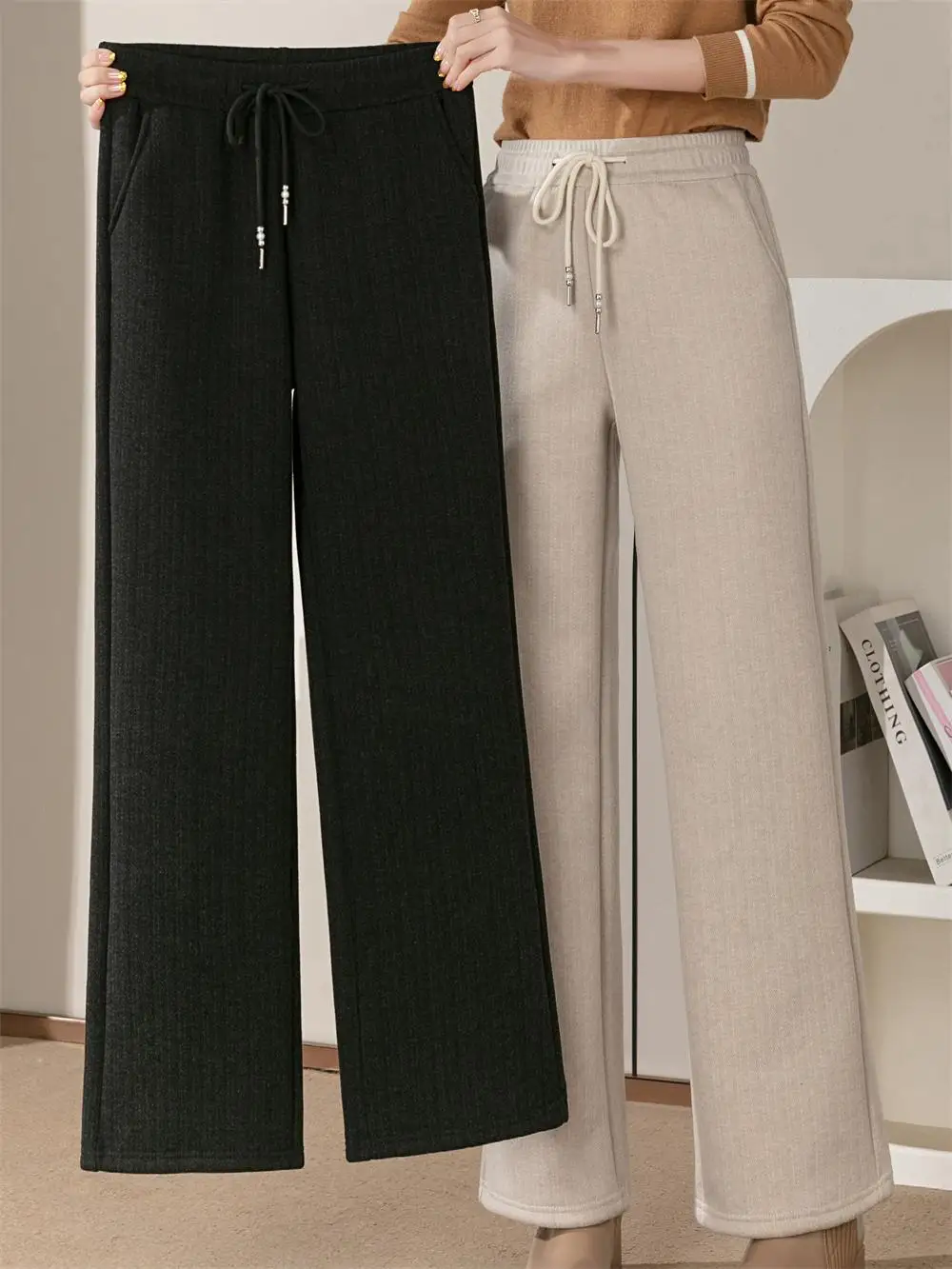 

Зимние утепленные брюки с широкими штанинами на флисовой подкладке с эластичной резинкой на талии для женщин среднего возраста, модные брюки прямого кроя больших размеров