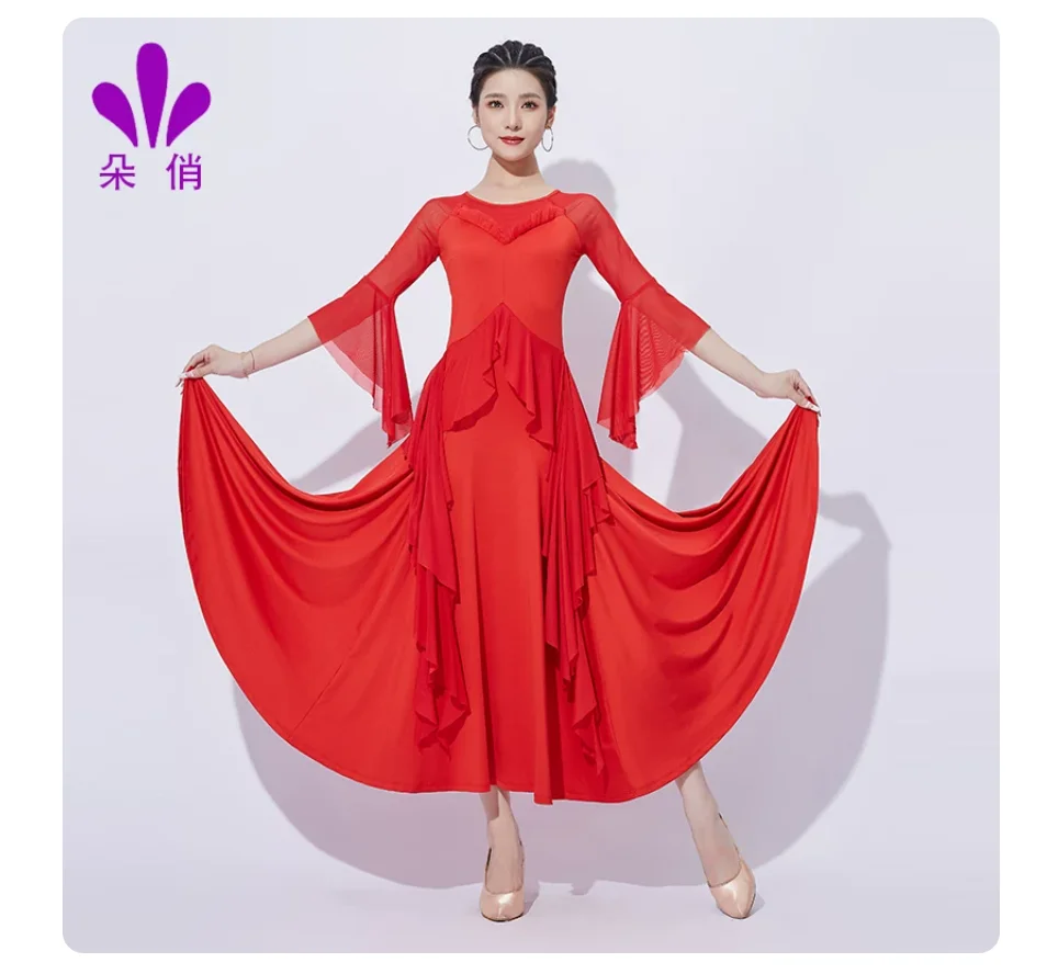 1pcs/lot lady elegant modern dance waltz dance dress ruffles solid half sleeve long performance dress