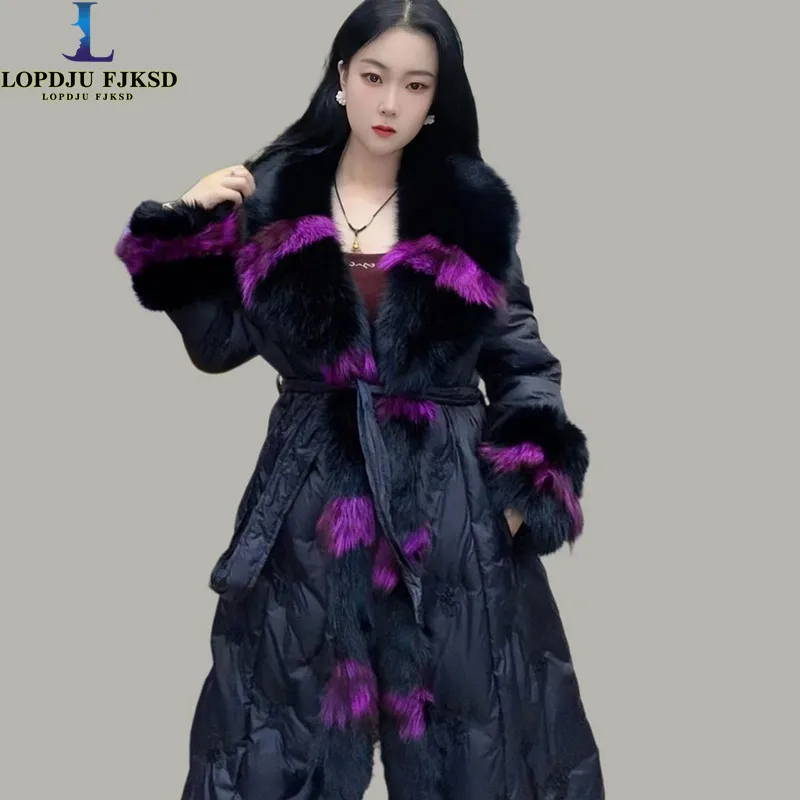 Kunstpelzmantel für Damen, Baumwolljacke mit verstellbarer Taille, Fuchspelzkragen-Outwear, gespleißt, Herbst und Winter, 2025