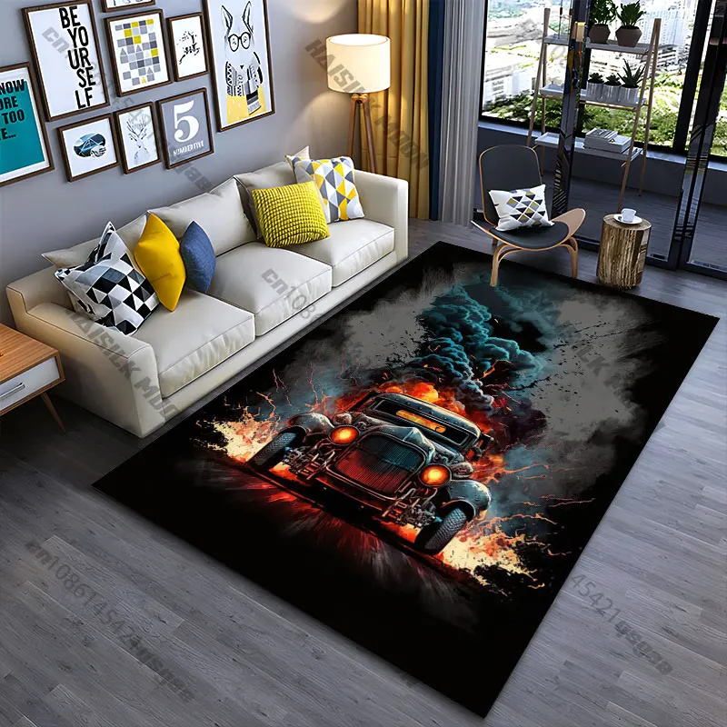 Fiery chaos vintage car explosion carpet Yoga living room room decor children's crawling mat doormat area rug games mat