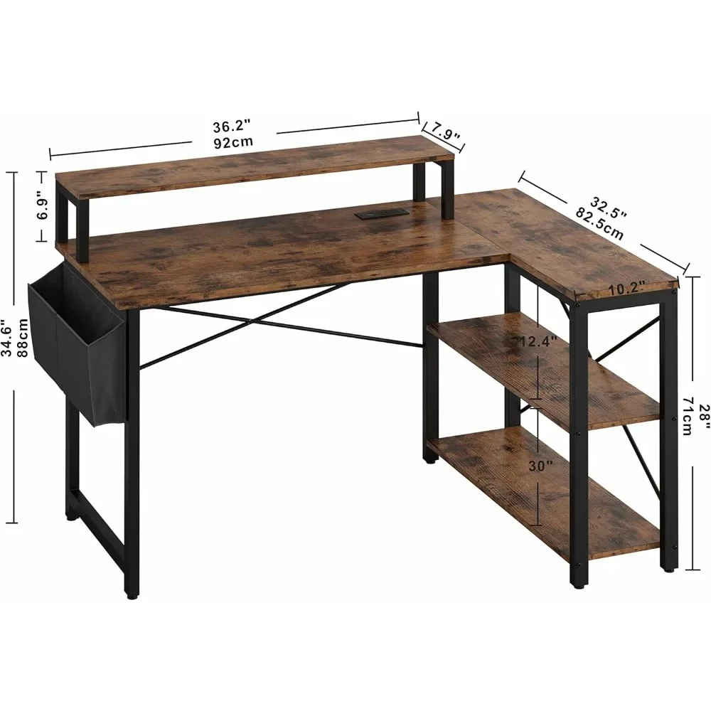 Escritorio en forma de L con estación de carga y estantes de almacenamiento, escritorio de computadora de esquina de 47 pulgadas con soporte para Monitor