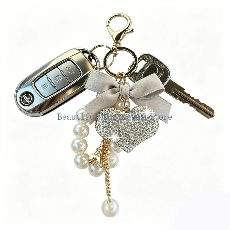 U4LF Stylish Korean Inspired Pearls Heart And Ribbon Bowknot Keychain Adds A Touch Of Elegances To Bags And Keys
