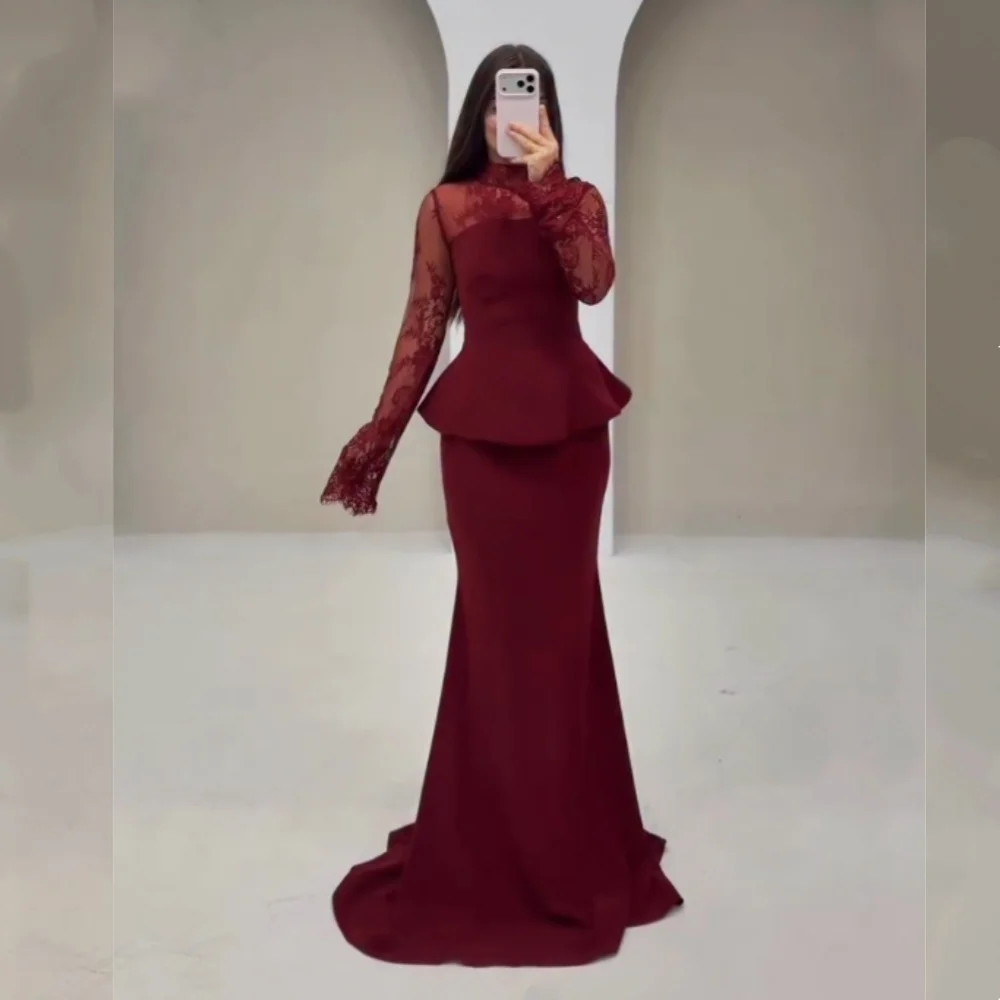 تخصيص جيرسي الدانتيل الطية عالية الياقة البوق فساتين طويلة مناسبة مخصصة أنيقة حفل زفاف مساء رسمي