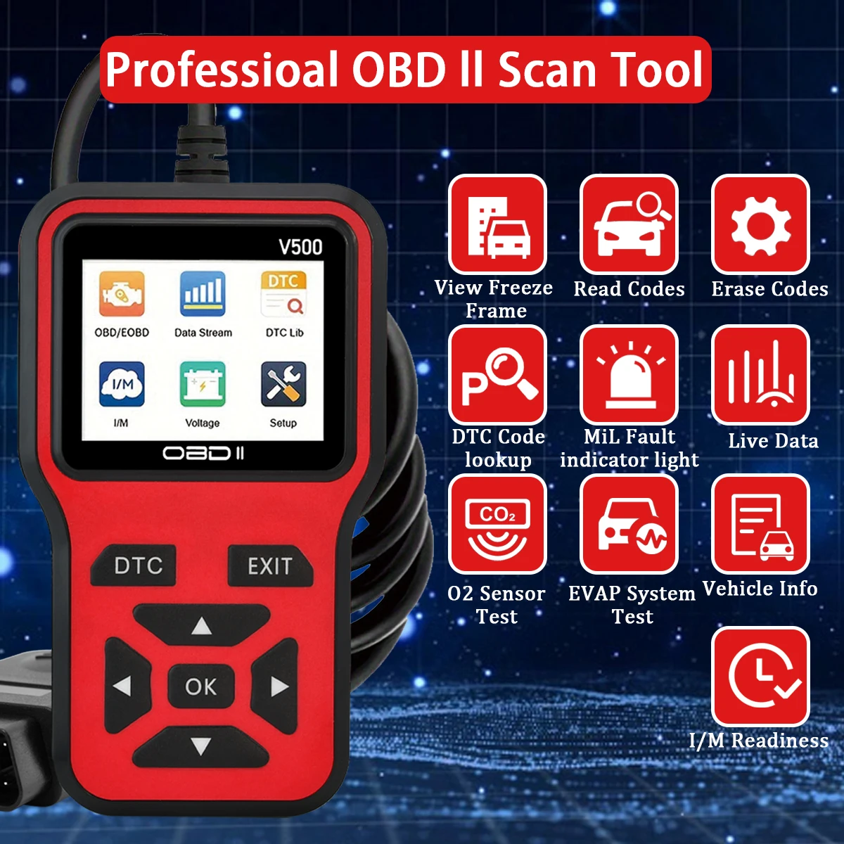 Car OBD2 Scanner Diagnostic Tool Code Reader, Car Voltage Tester Engine Fault Code Scanner, Charging Tester Diagnostic Tool V500