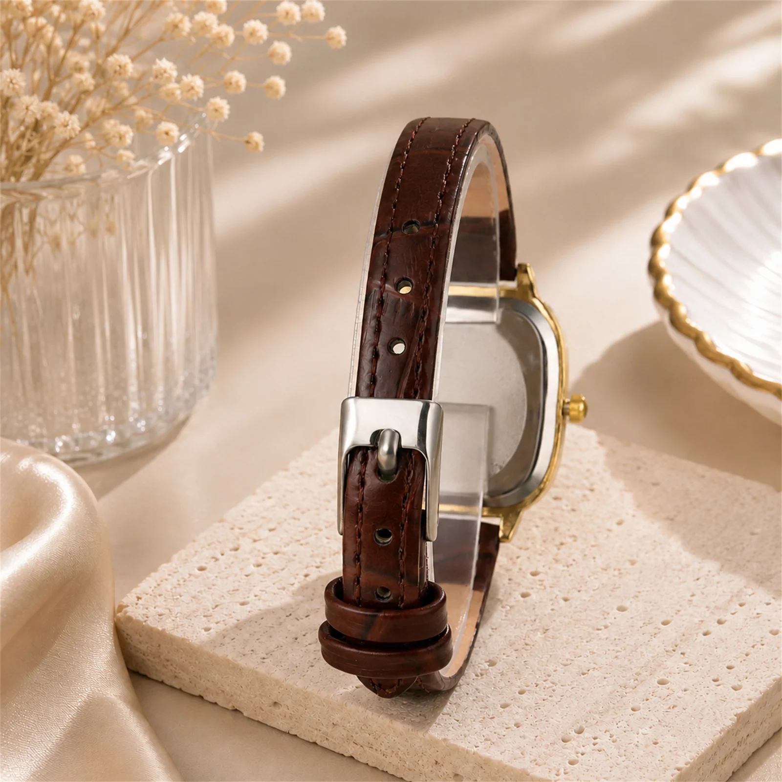 FLONGO Womens Rectangular Quartz Watch CZ Bezel Roman Numerals Sunburst Dial Croc Embossed Leather Strap Pin Buckle Gift