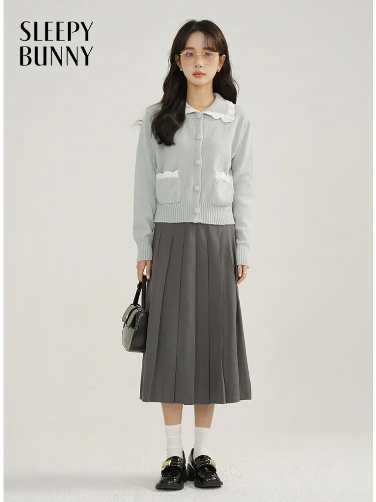 

Elegant Vintage Soft Sweater Blue Sweet Knitwear with Doll Collar Casual Warm Winter Cardigan for Women Casual Layering Outfit