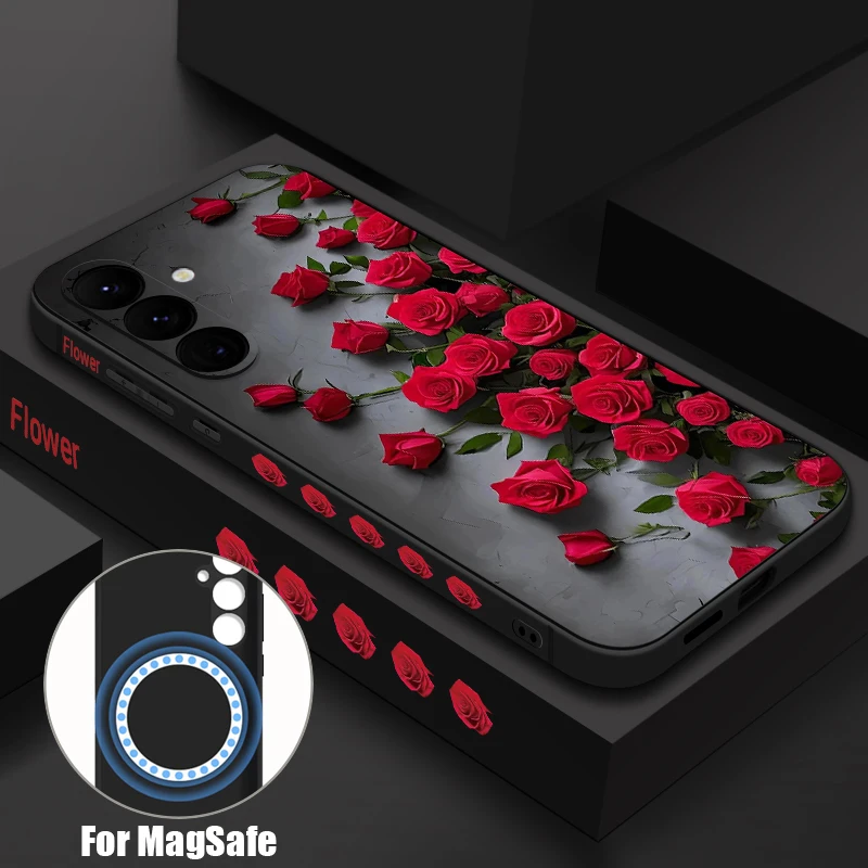 Red Rose Print Magnetic Phone Case For Samsung Galaxy S26 S25 S24 Ultra S23 S24 S25 FE S22 Plus For Magsafe Soft TPU Back Cover