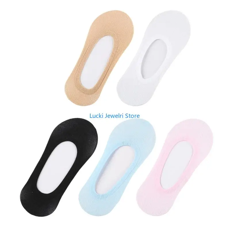 

193E Women Breathable Boat Socks 5 Pairs Candy Colors Nonslip Soles No Show Socks