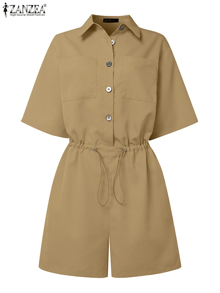 ZANZEA Women Fashion Work Wear Rompers Casual Turn-Down Collar Half Sleeve Drawstring Waisted Cargo Shorts Overalls Playsuits