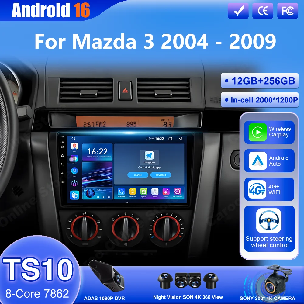 

Android 16 Carplay For Mazda 3 2004 2005 2006 2007 2008 2009 Car Multimedia Player Radio Stereo GPS Navigation Bluetooth 4G+WIFI