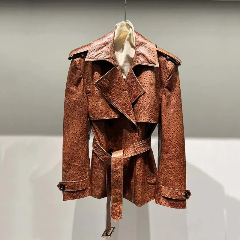 Veste en cuir véritable avec ceinture pour femme, style décontracté, manteau court, escales luxueuses, printemps et automne 2024