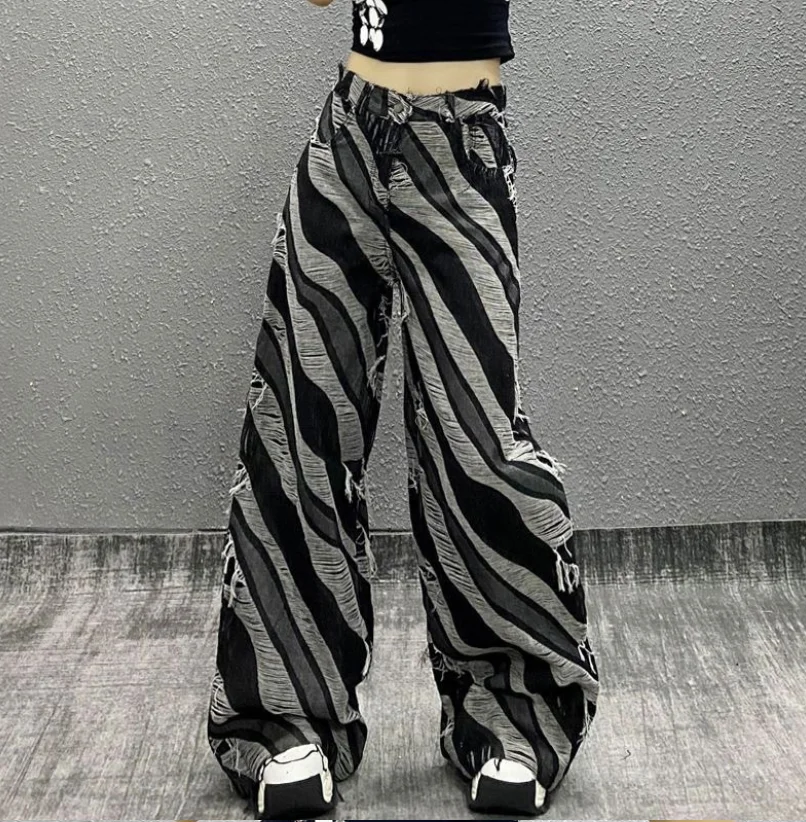 Women Distressed Patchwork Jeans Raw Hem Loose American Street Twill Denim Pants Hiphop Gothic Harajuku Y2K Trousers p133