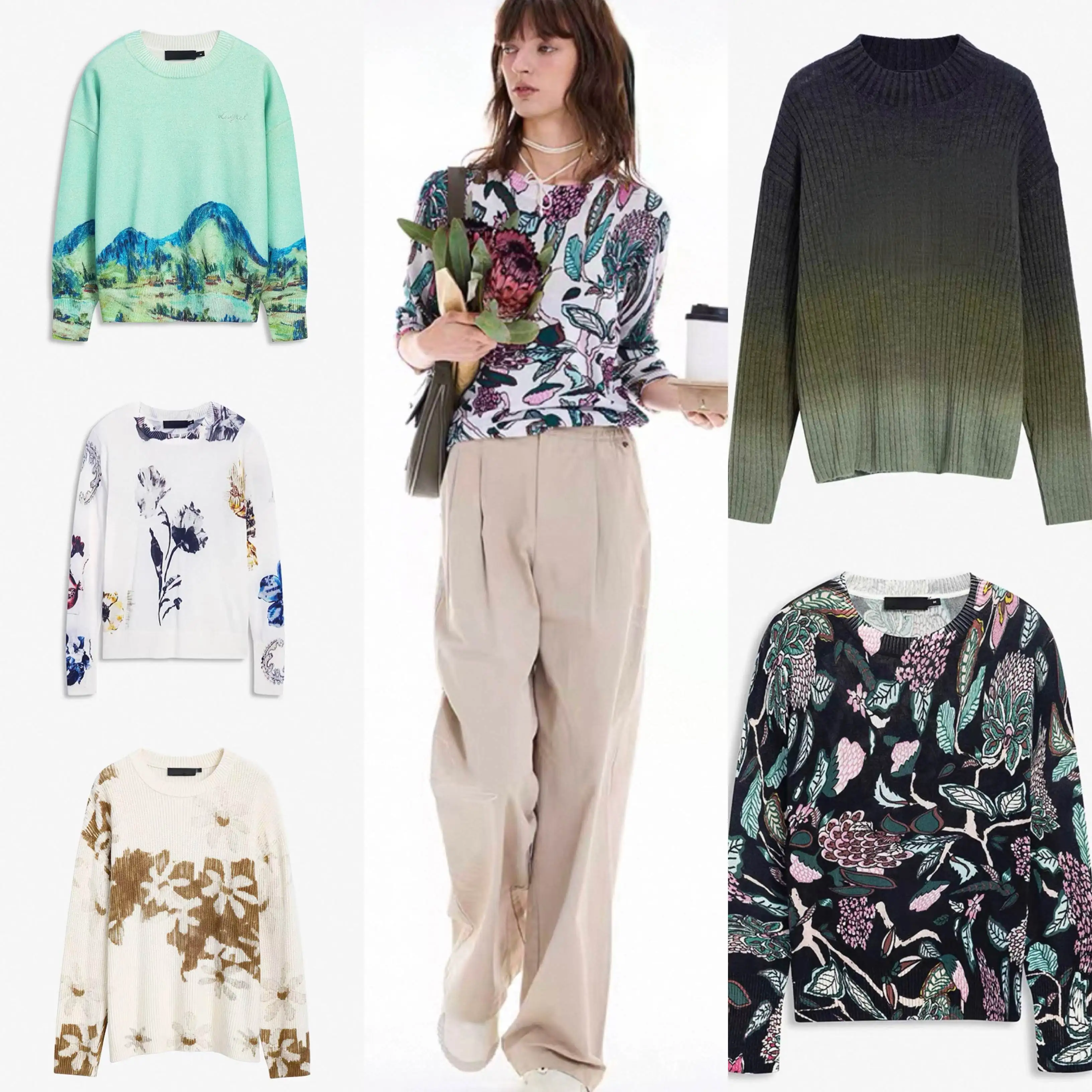 

European and American Autumn/Winter New Product: Spanish Light Luxury Women's Knitted Sweater with Printed Embroidery Round Neck