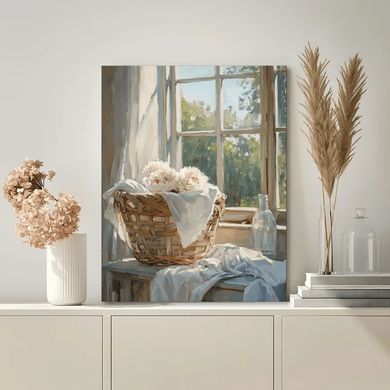 (No frame)2D Flat, 1pc Rustic Farmhouse Framed Canvas Wall Art - White Laundry Basket with Roses in Vase, Woven Texture Suita