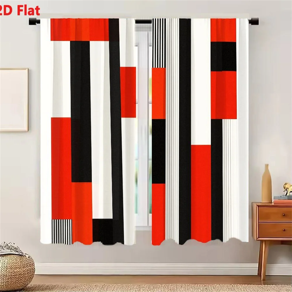2Pcs Curtains 2D Flat Abstract Geometric Artwork Bold Colors Red Black White Striped Elements Dynamic Modernist Composition Mini