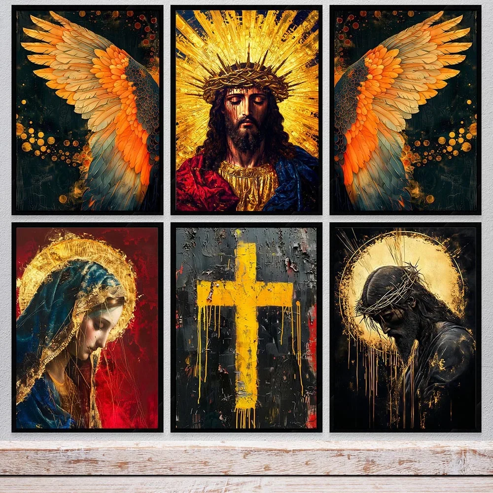 Décoration Murale Chrétienne : Chevalier Ange en Prière, Peinture sur Toile, Affiche Couronne d'Épines, Gloire de Jésus-Christ, Décoration Murale pour la Maison