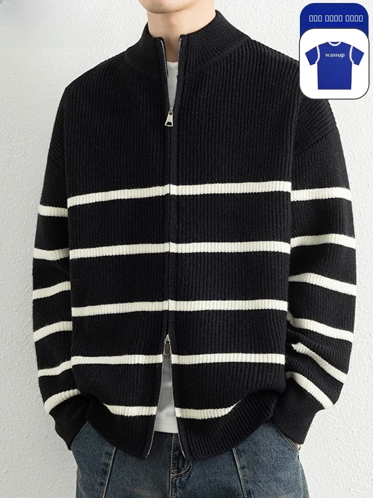 

Вязаный свитер Wassup Dozen на молнии с полосатым воротником, молодежная повседневная верхняя одежда для пар, осень-зима, свободный крой, длинный рукав