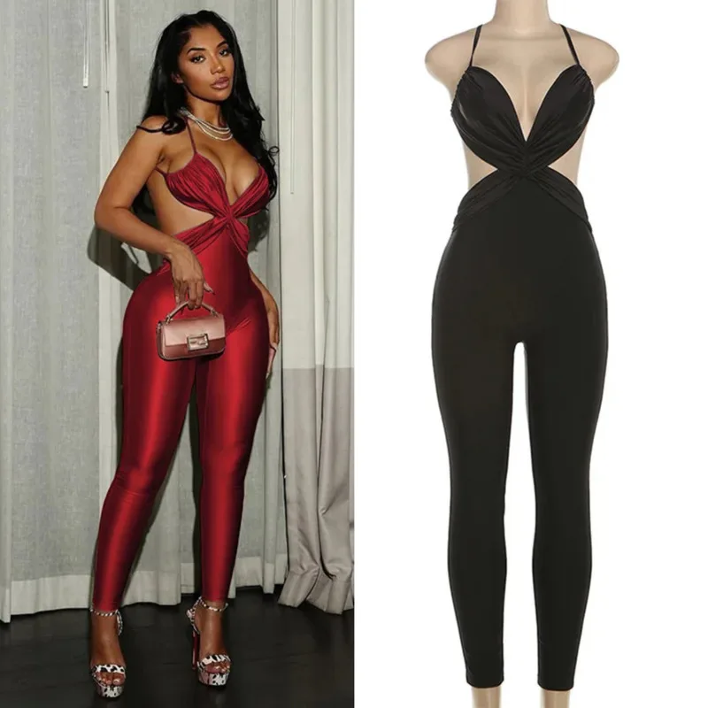 

Sexy Satin Sleeveless Jumpsuit For Women Backless Cross Wrap Bodycon Romper Clubwear Coquette Night Outfit Tight Fit Overalls