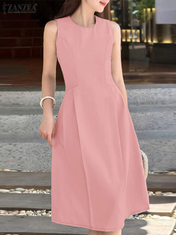 ZANZEA Elegant Office OL Dresses 2025 Women Stylish Party Dress Summer Sundress Short Sleeve Solid Work Midi Robe Waisted Robe