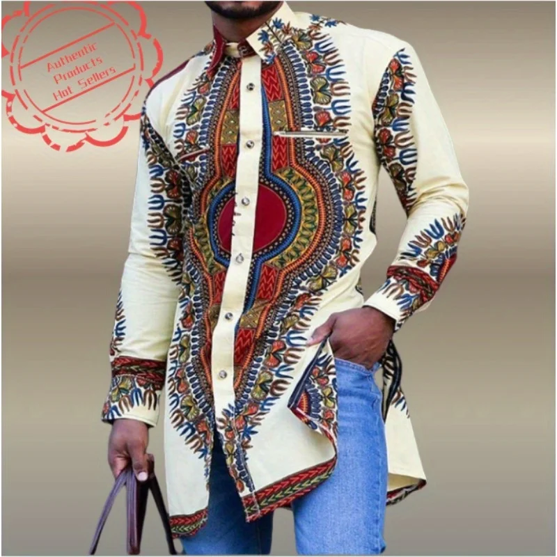 

2025 New African Print Men's Shirt - Mid-Length Ethnic Digital Placement Design