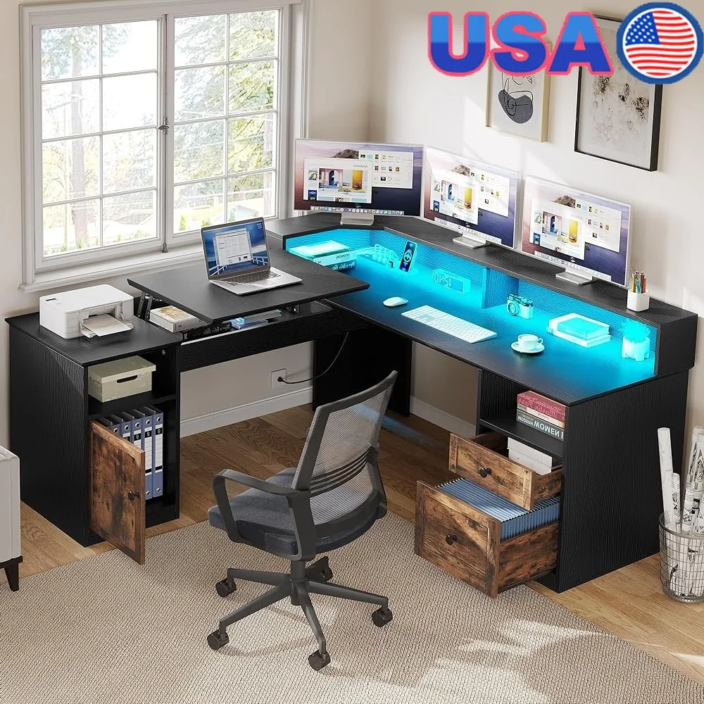 

L Shaped Desk with USB Power Outlets LED Light Strips Lift Top Computer Desk with Drawers Monitor Stand Office Gaming
