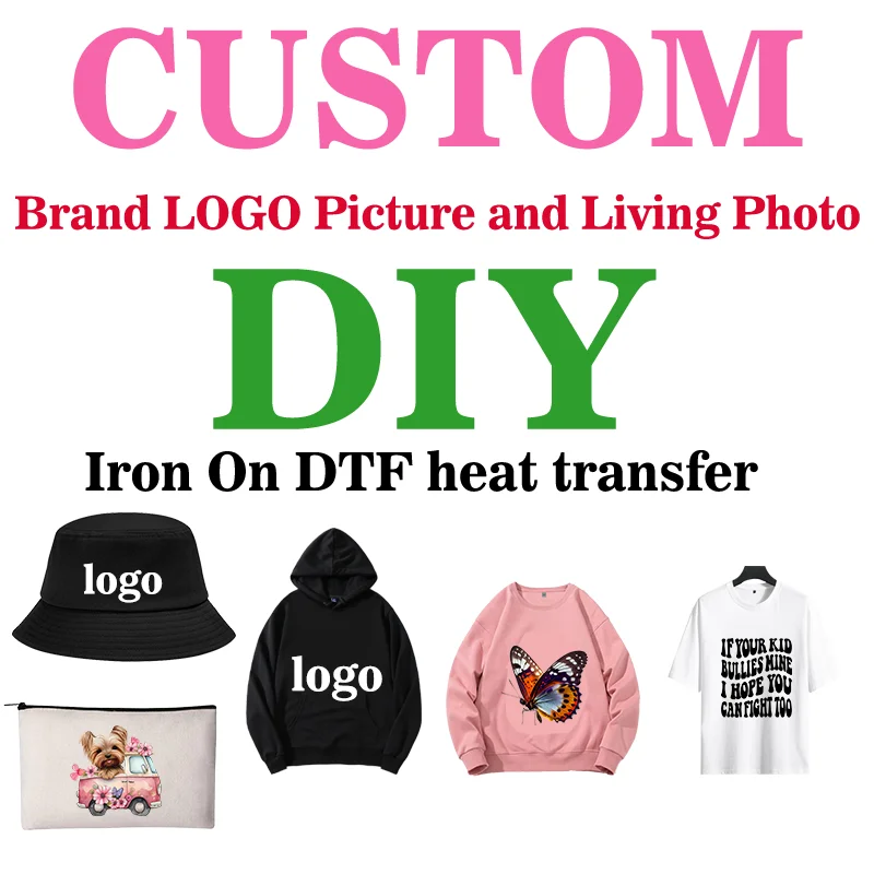 

DTF Heat Transfer Custom Brand Logo or Photo Ready to Press Picture Ironing Thermal Sticker Iron-on Clothing DIY