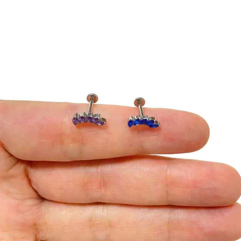 ASTM F136 Titanium EAR PIERC Marquise 5 Gem Curved CZ Paved Top Ear Studs Labret Lip Stud helix EARRING Body Piercing Jewelry