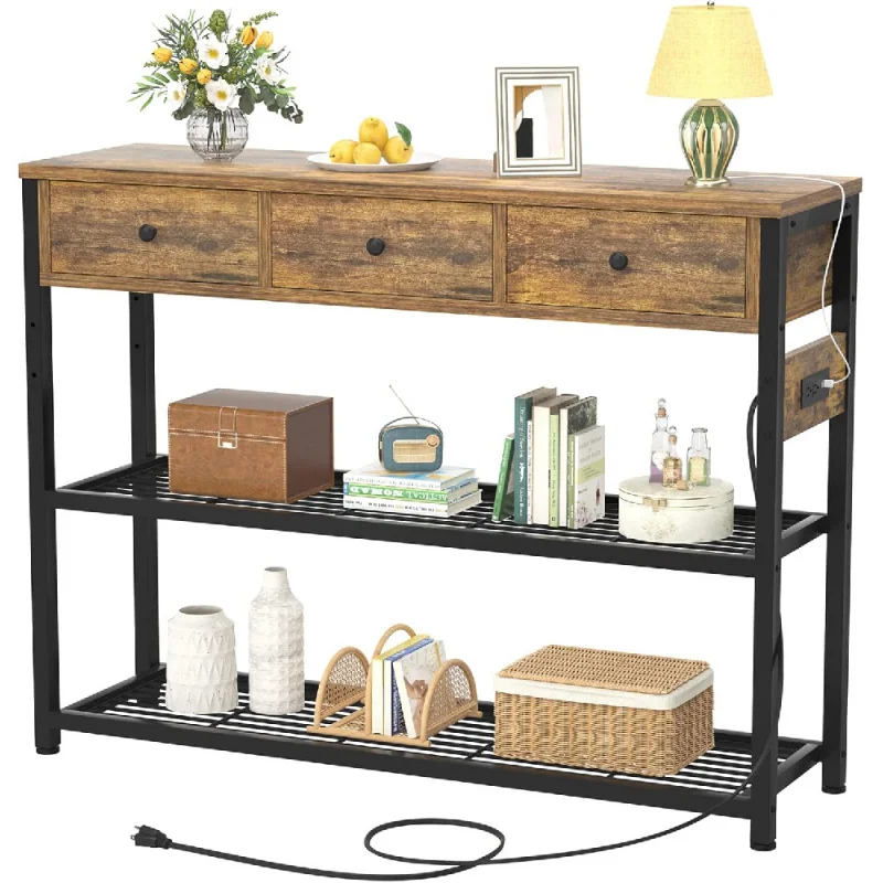 

Table with Outlets and USB Ports, Console Table with 3 Drawers, Sofa Table Narrow Long with Storage Shelves for Living Room,