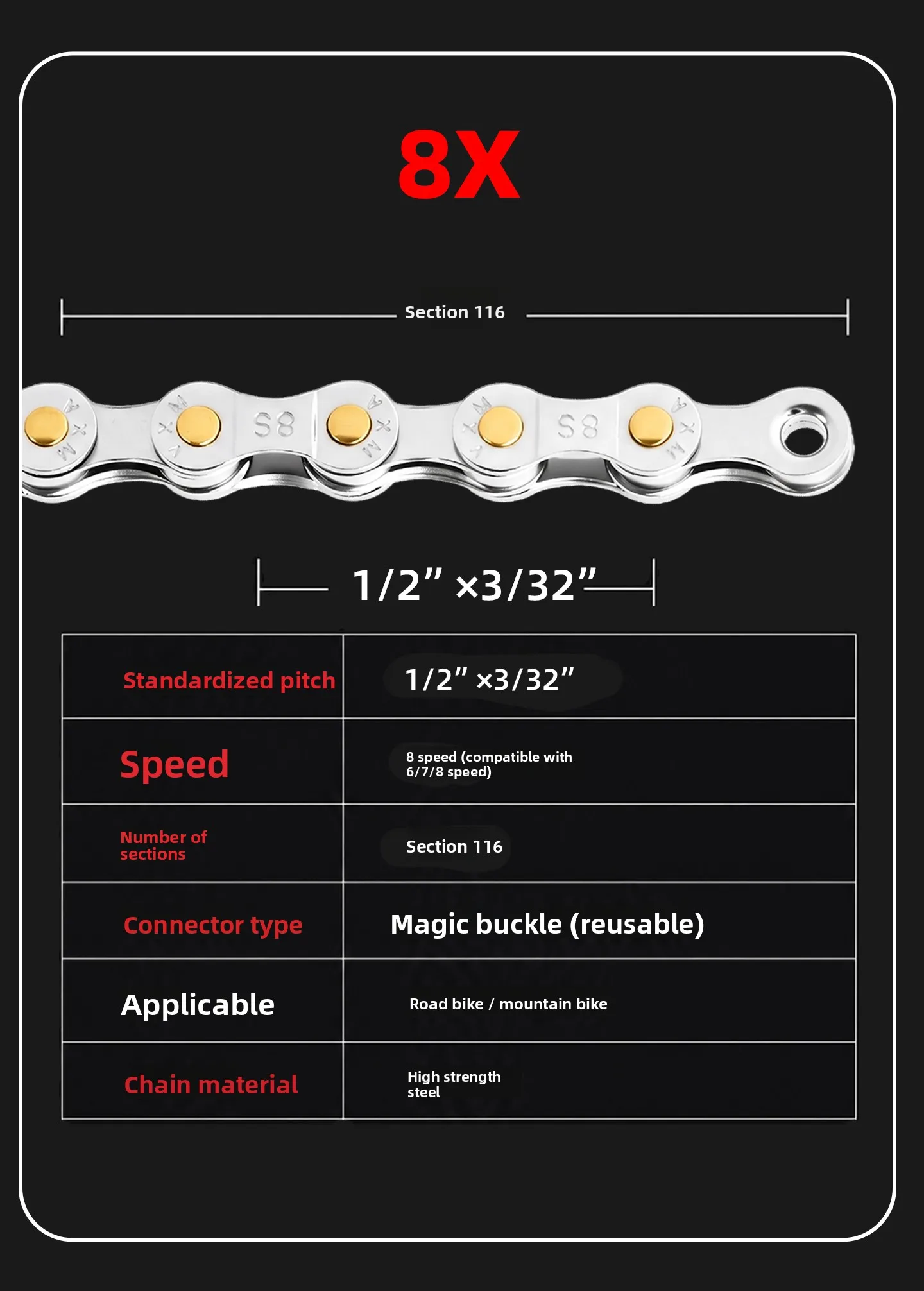 Fahrradkette, Einzel-Super-8/9/10-Gang, für Mountainbike und Rennrad, wird zum „Dead Fly Magic Buckle“-Adapter, universell, galvanisiert. – Detail 11
