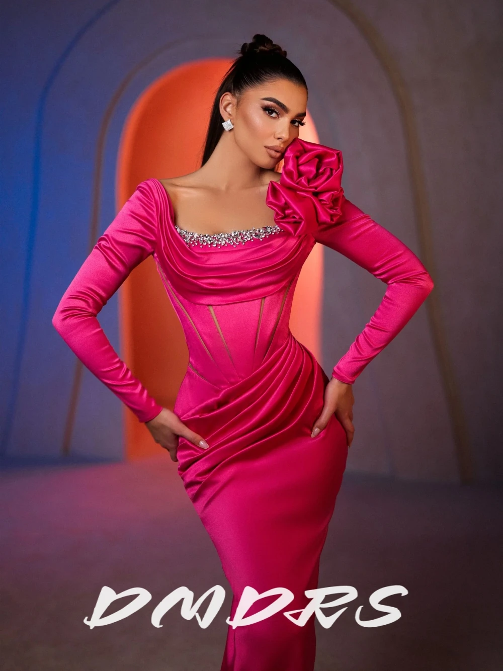 

Scoop Neckline Fuchsia Straight Fitted Evening Dress Romantic Flower Embellishment On One Shoulder Customized Intricate Crystals